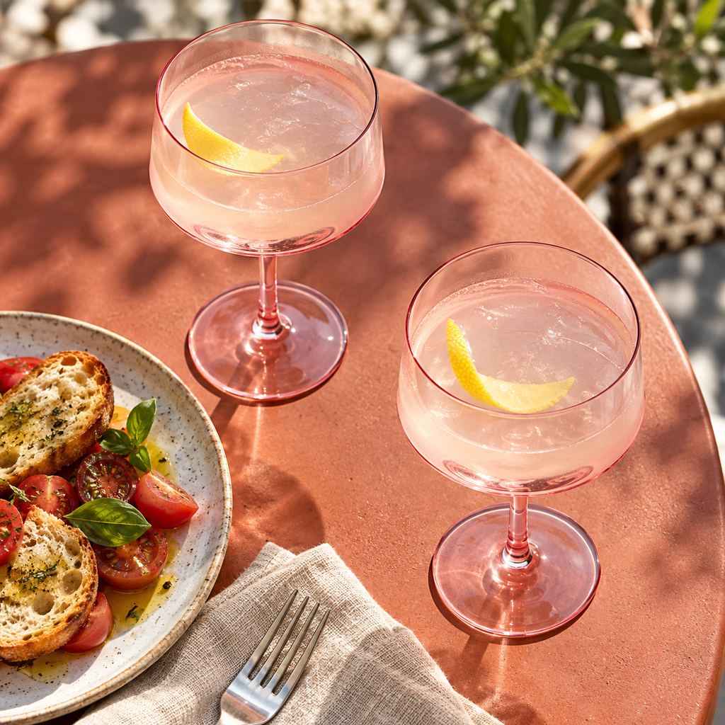 Tall Pink Coupe Cocktail Glasses, 13 oz, Set of 6 — high-angle food pairing