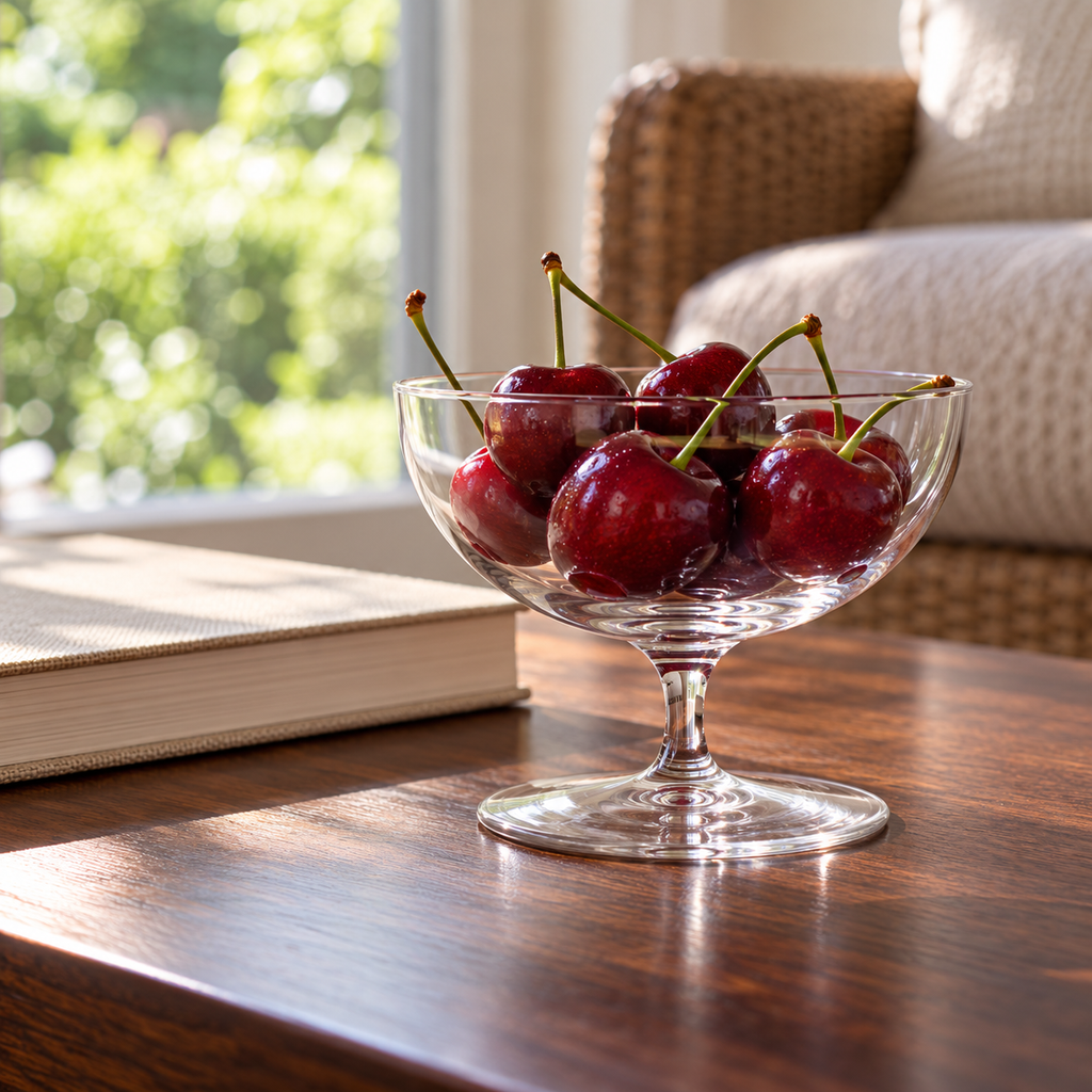 Short-stem crystal coupe used to serve fresh cherries