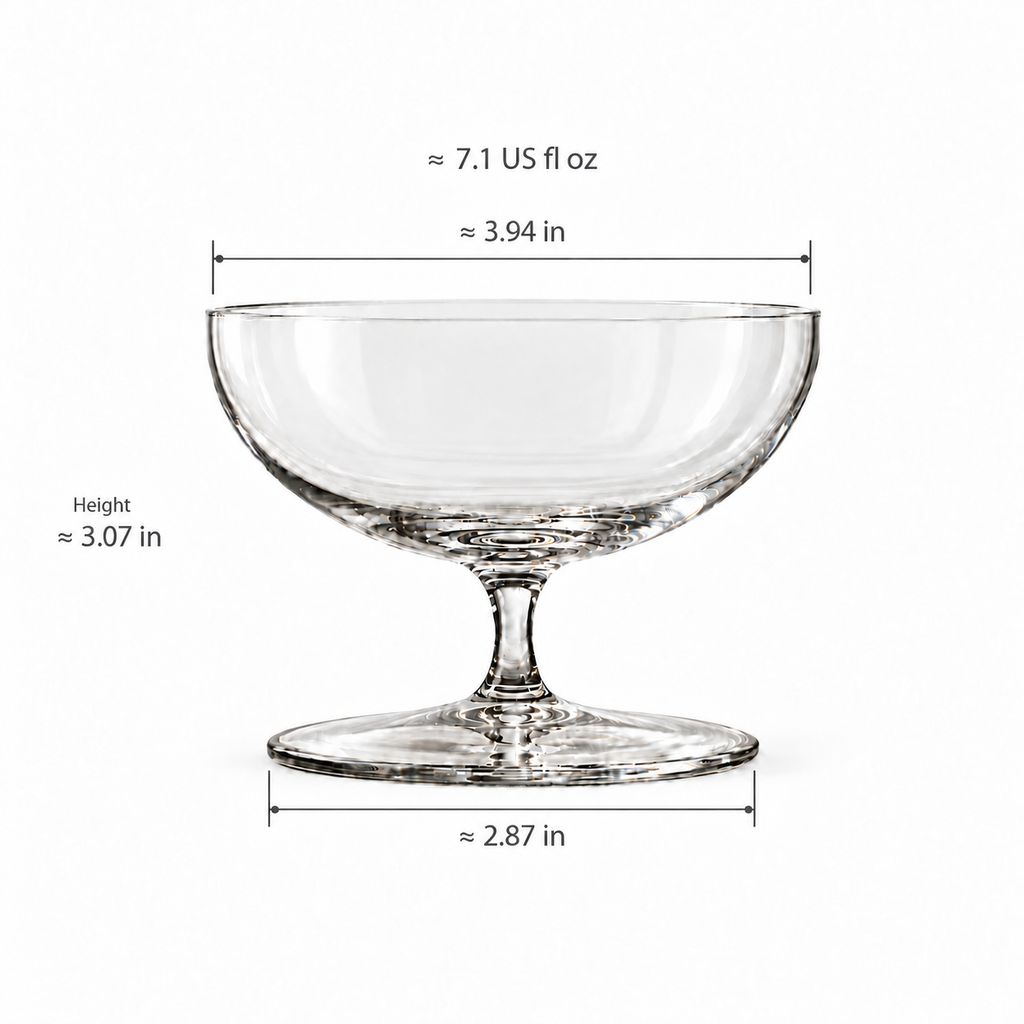 coupe crystal glass with approximate inch dimensions and US fl oz capacity on white