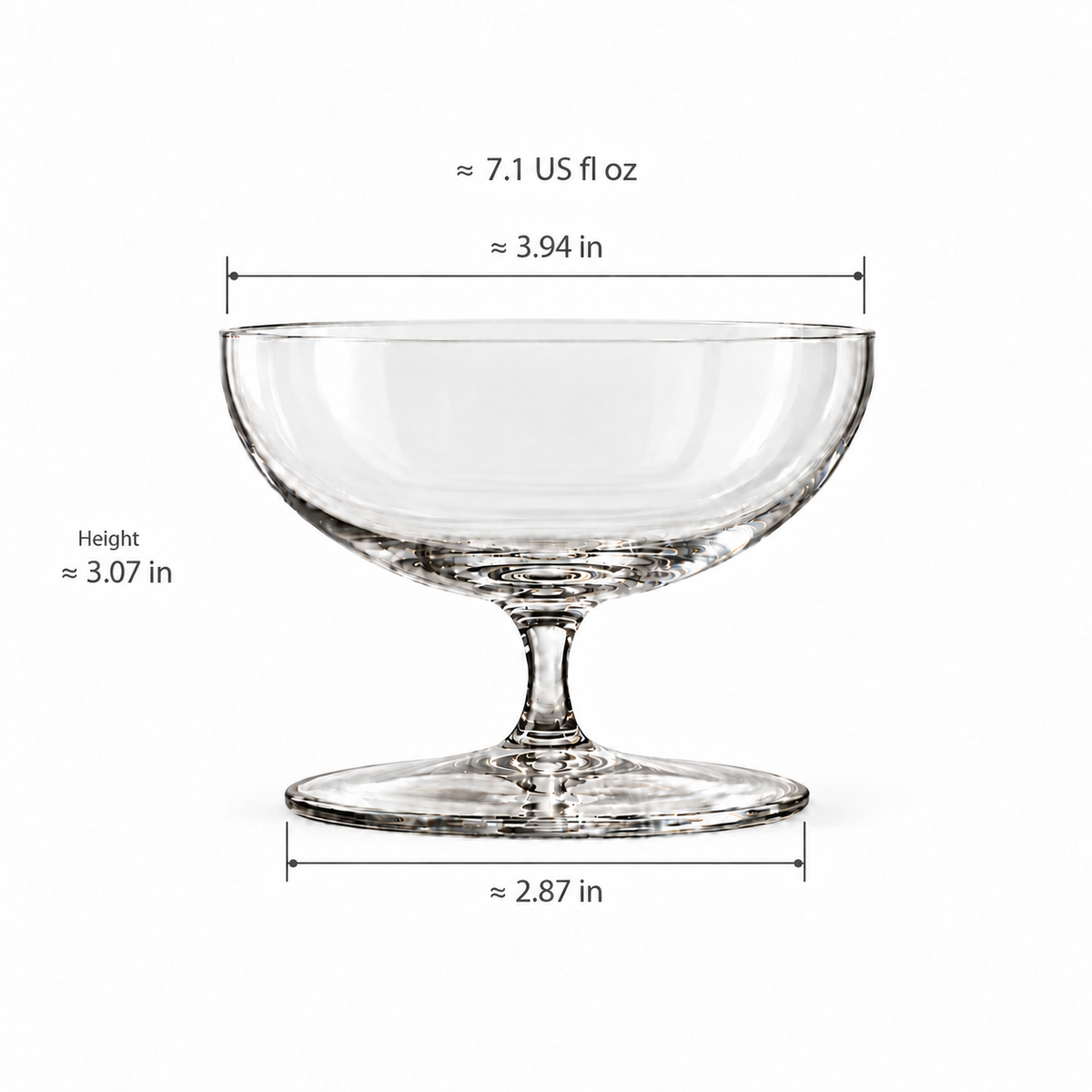coupe crystal glass with approximate inch dimensions and US fl oz capacity on white