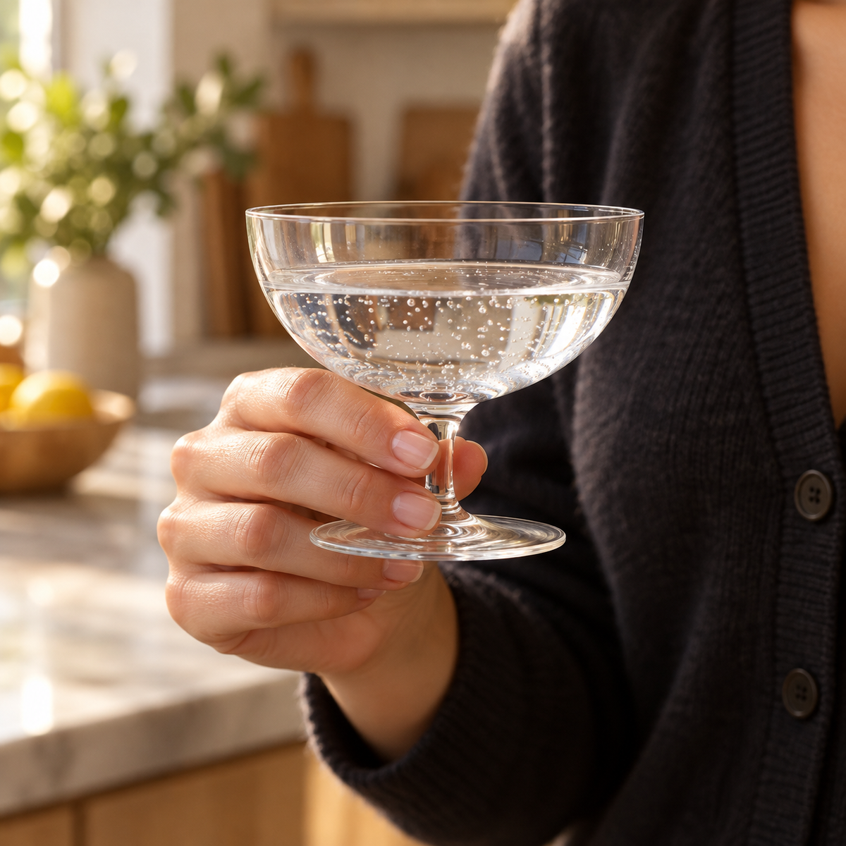 Short-stem crystal coupe held by an adult hand with sparkling water