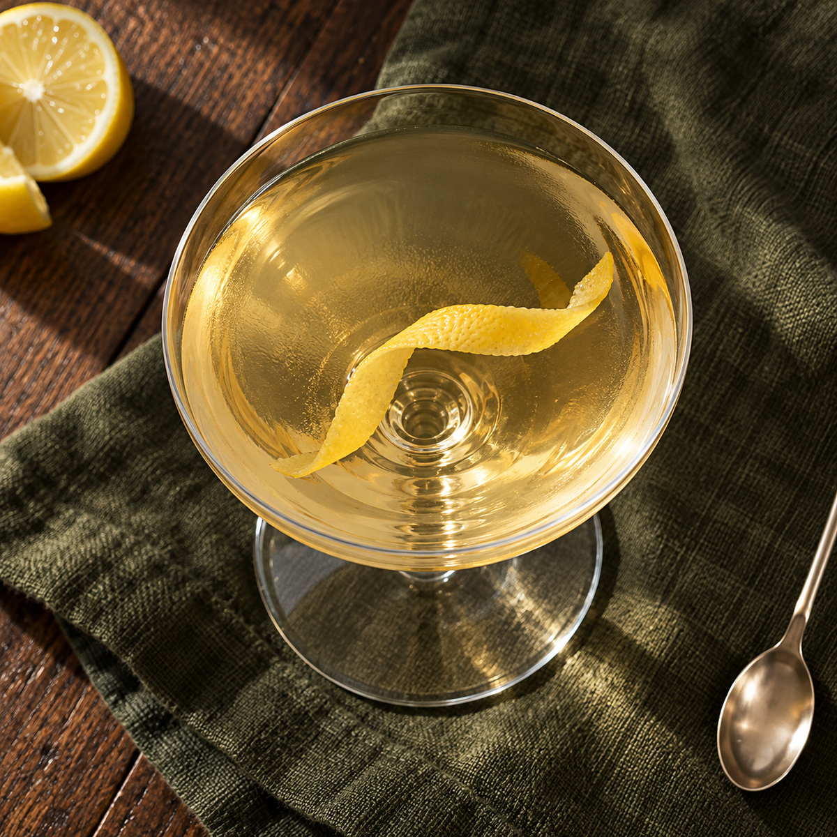 Overhead view of short-stem crystal coupe with a pale citrus cocktail