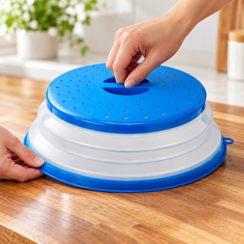 Hands extending a blue plate cover by holding the bottom rim and lifting its recessed grip