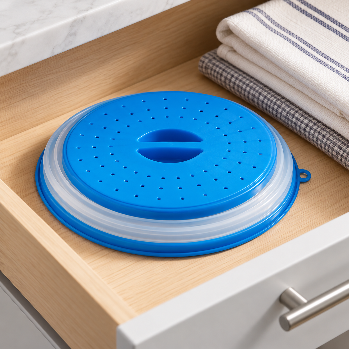 Blue plate cover collapsed flat for drawer storage beside folded kitchen towels