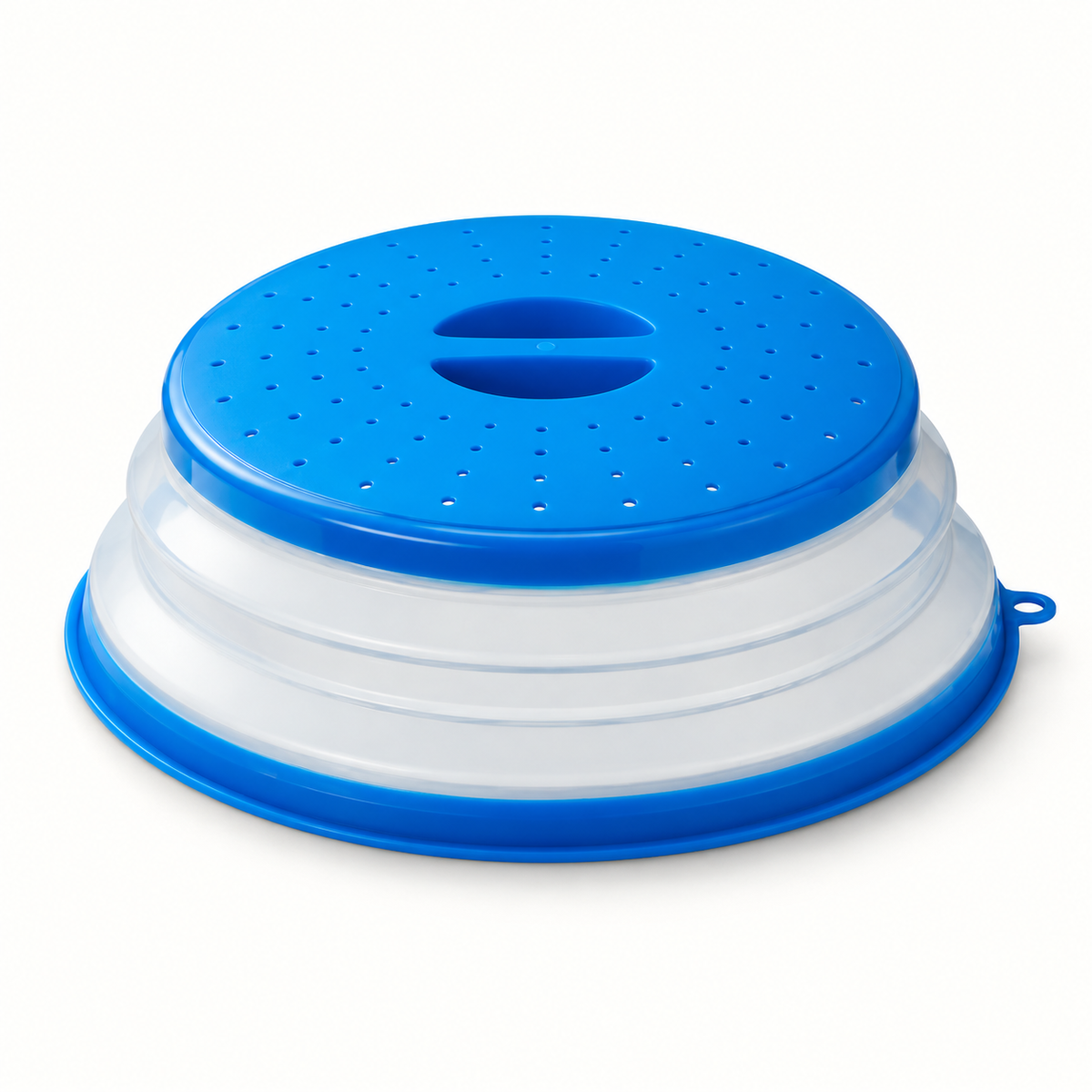 Blue collapsible plate cover with small round vents and translucent folding sides on white