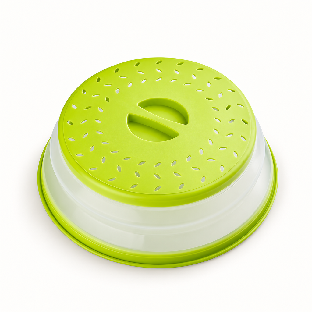 Green collapsible plate cover with leaf-shaped vents and recessed center grip on white