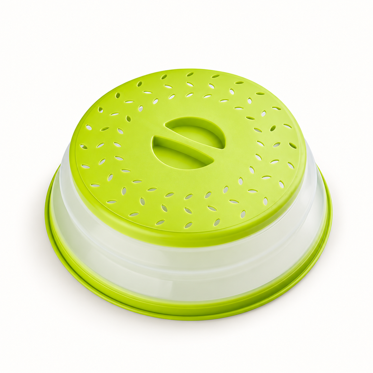 Green collapsible plate cover with leaf-shaped vents and recessed center grip on white