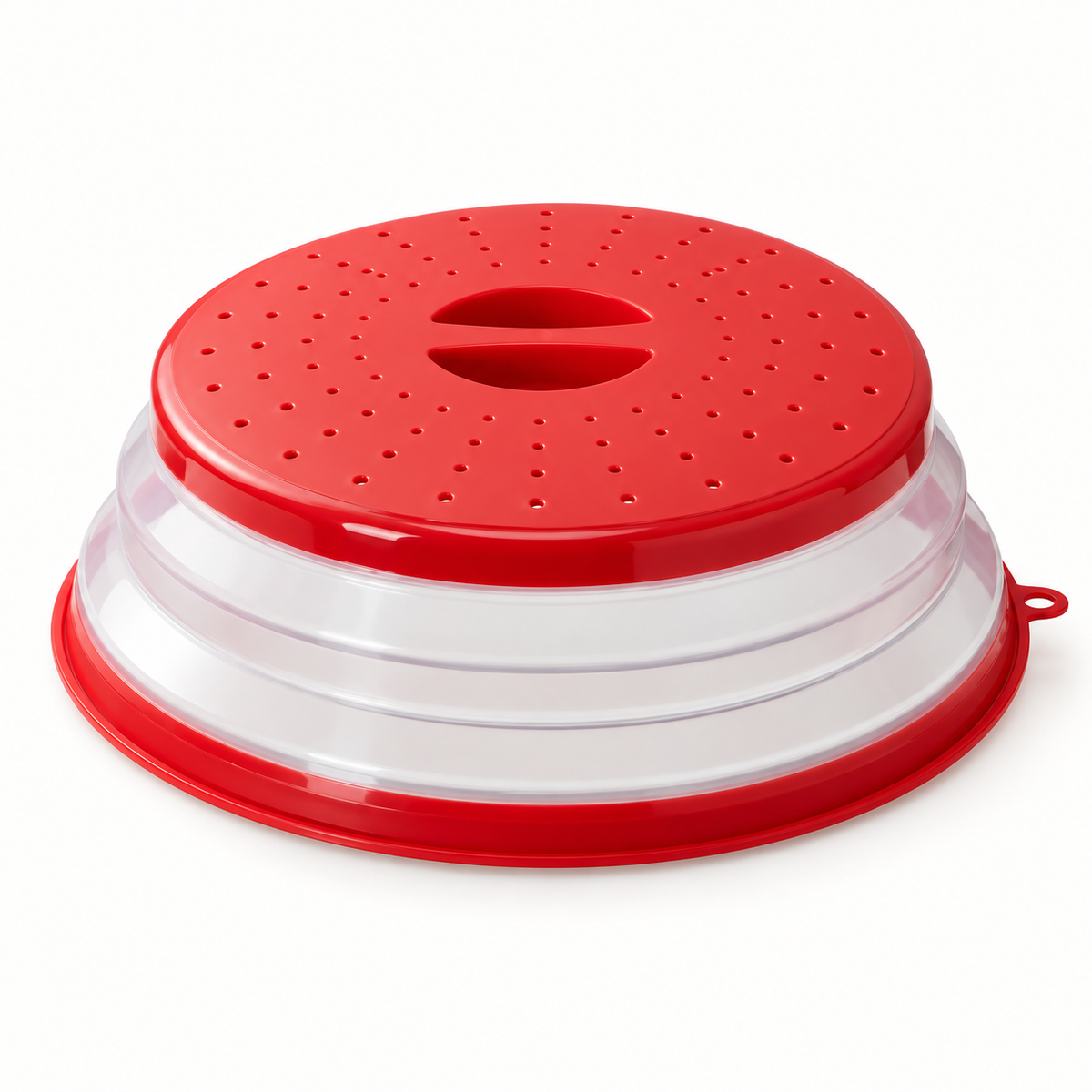 Red collapsible plate cover with small round vents and translucent folding sides on white