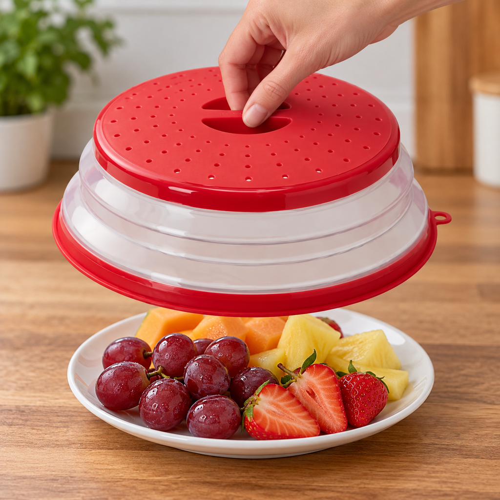 Hand lifting the red plate cover by its recessed center grip above a fruit plate
