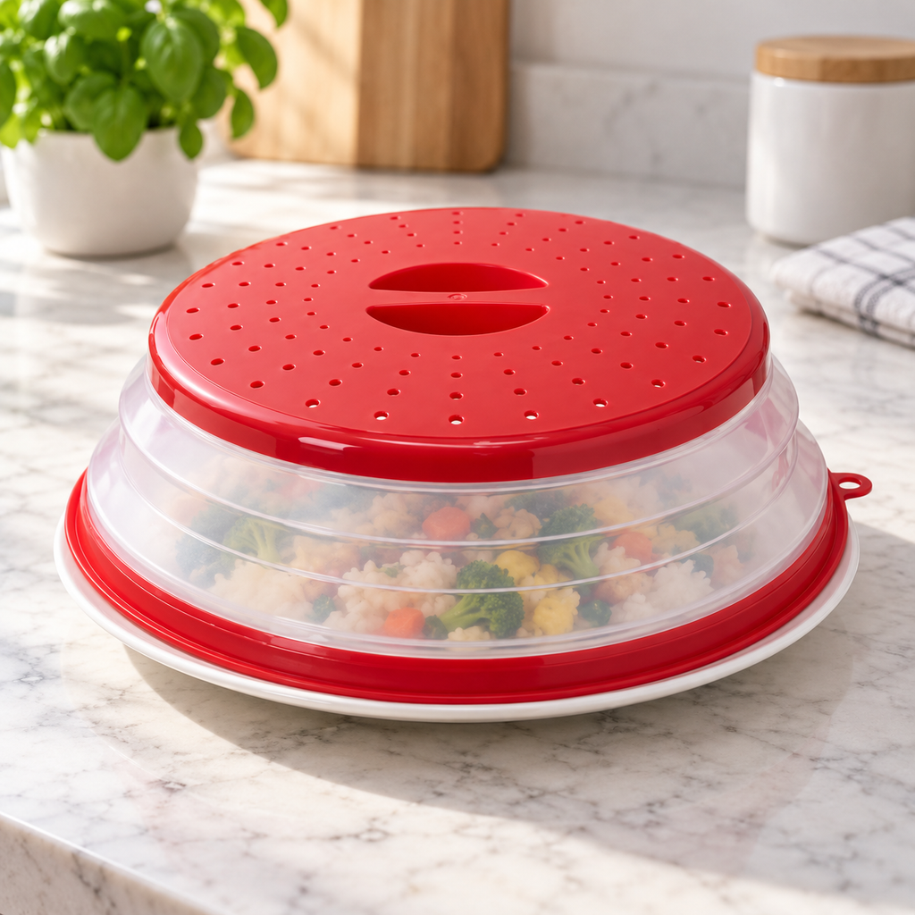 Red collapsible cover resting over a dinner plate on a kitchen counter
