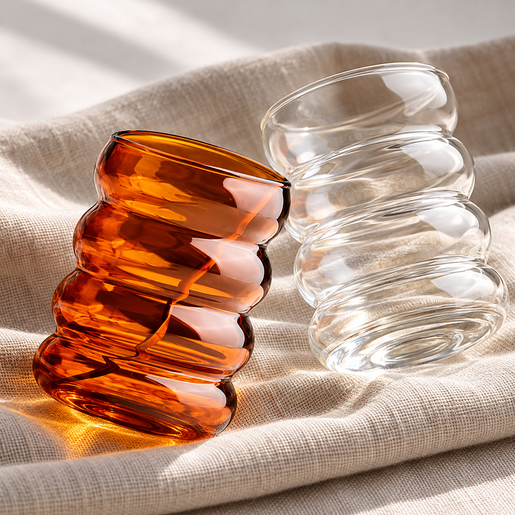 Close view of amber and clear wavy glass contours and bases