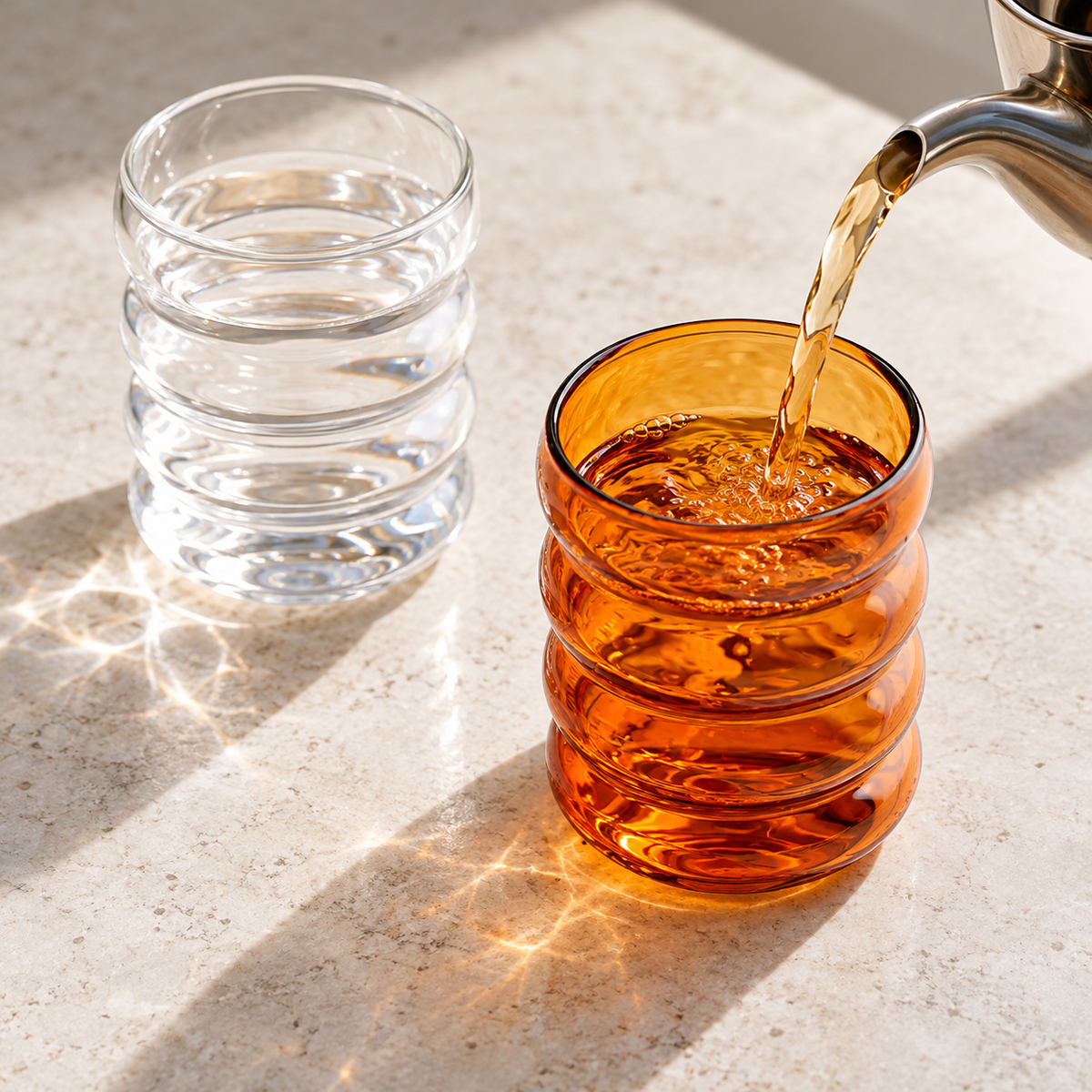 Amber and clear wavy glass cups during tea preparation