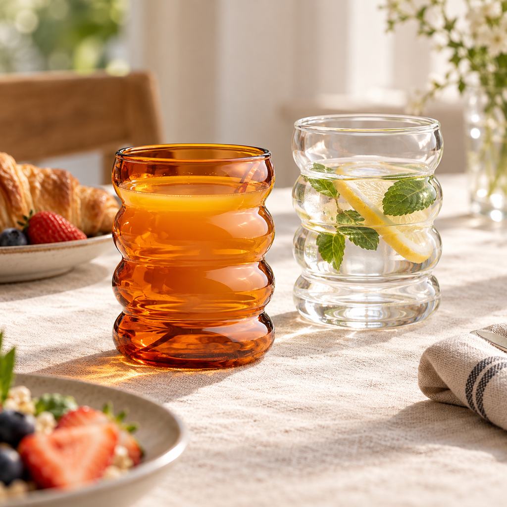 Amber and clear wavy glass cups in a breakfast setting