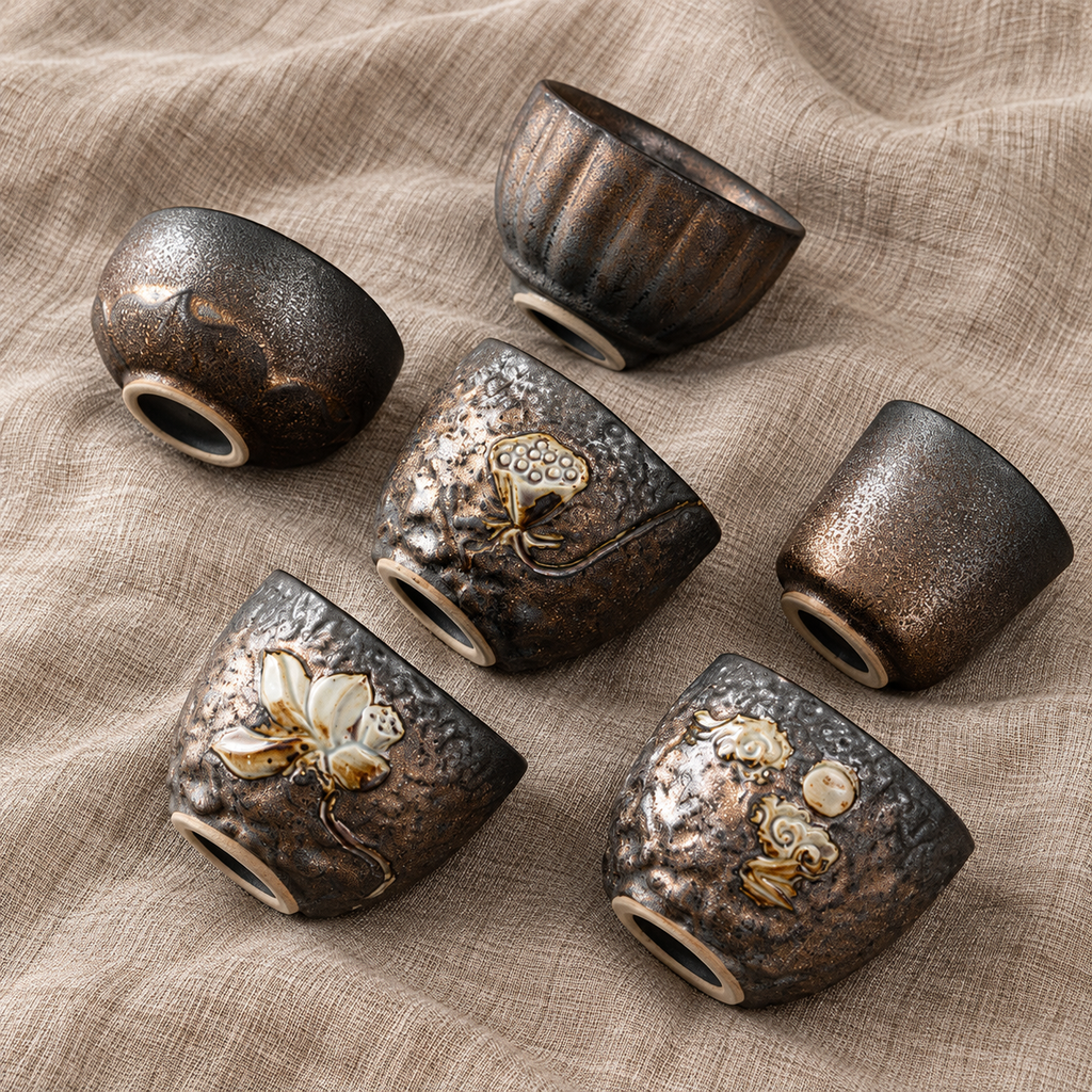 Glaze, motif and foot-ring details of the six available ceramic tea cup designs