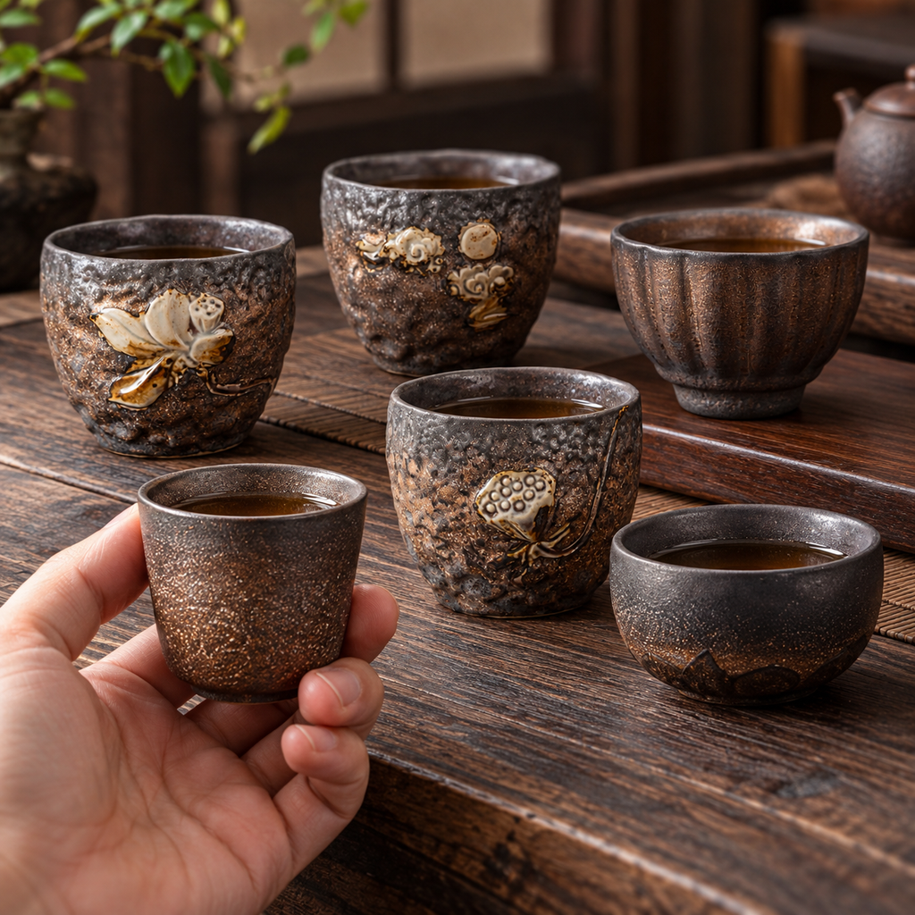 Small style F tea cup held for scale with other designs on a tea table