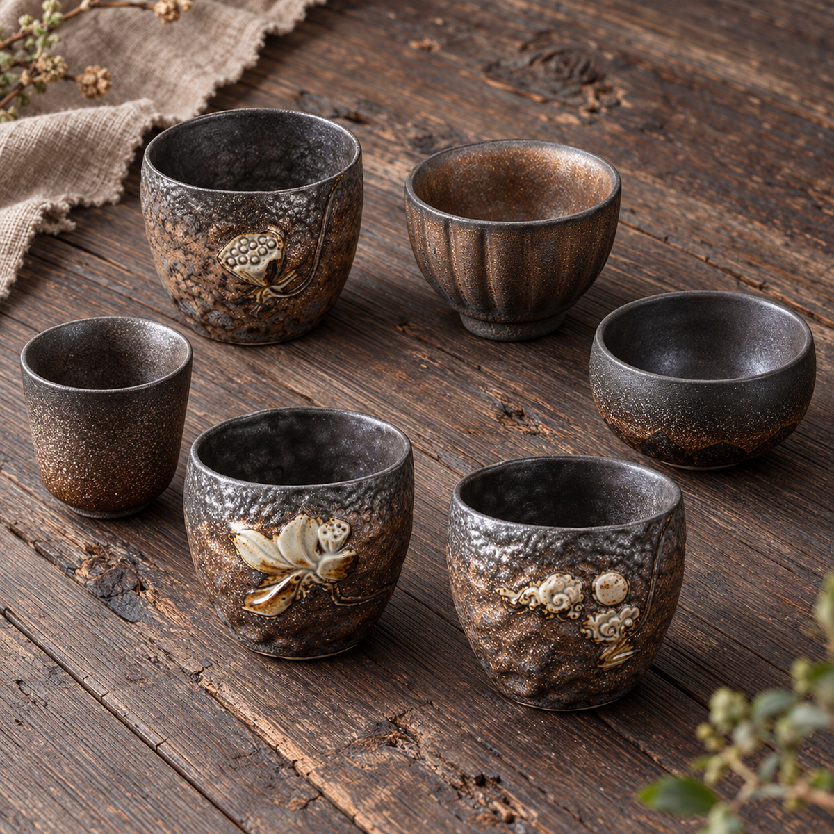 High view of six available glazed tea cup designs and their interiors