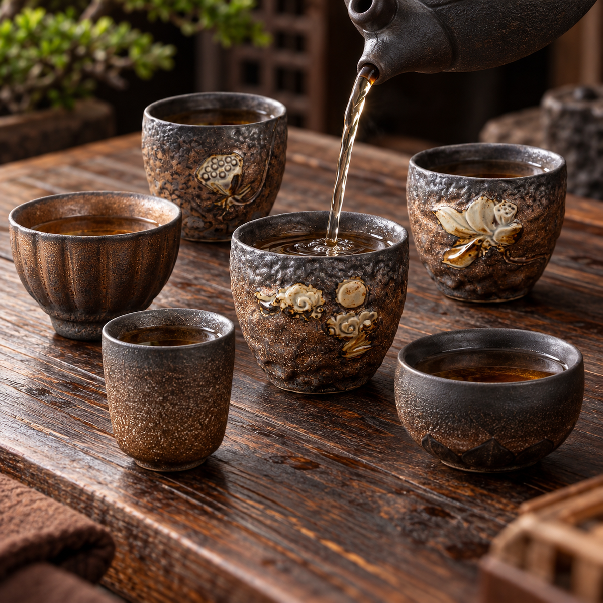 Tea poured into a cloud motif cup with the other available designs nearby