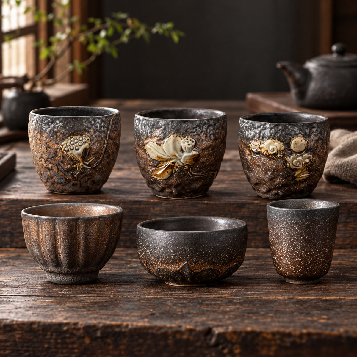 Six available glazed tea cup styles in a natural Japanese tea setting