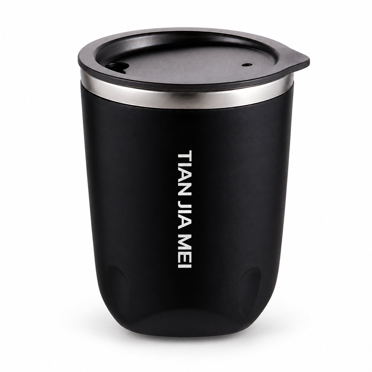 Double-wall tumbler with lid, black finish, on white