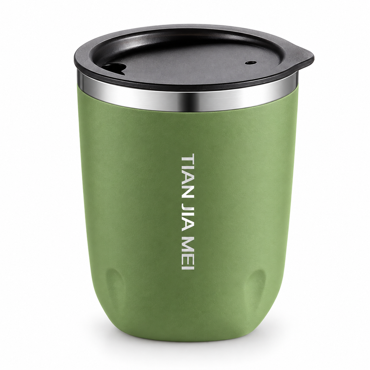 Double-wall tumbler with lid, green finish, on white