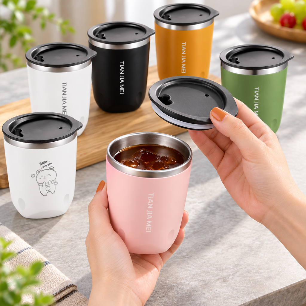 Pink tumbler held with its lid lifted to show the stainless liner