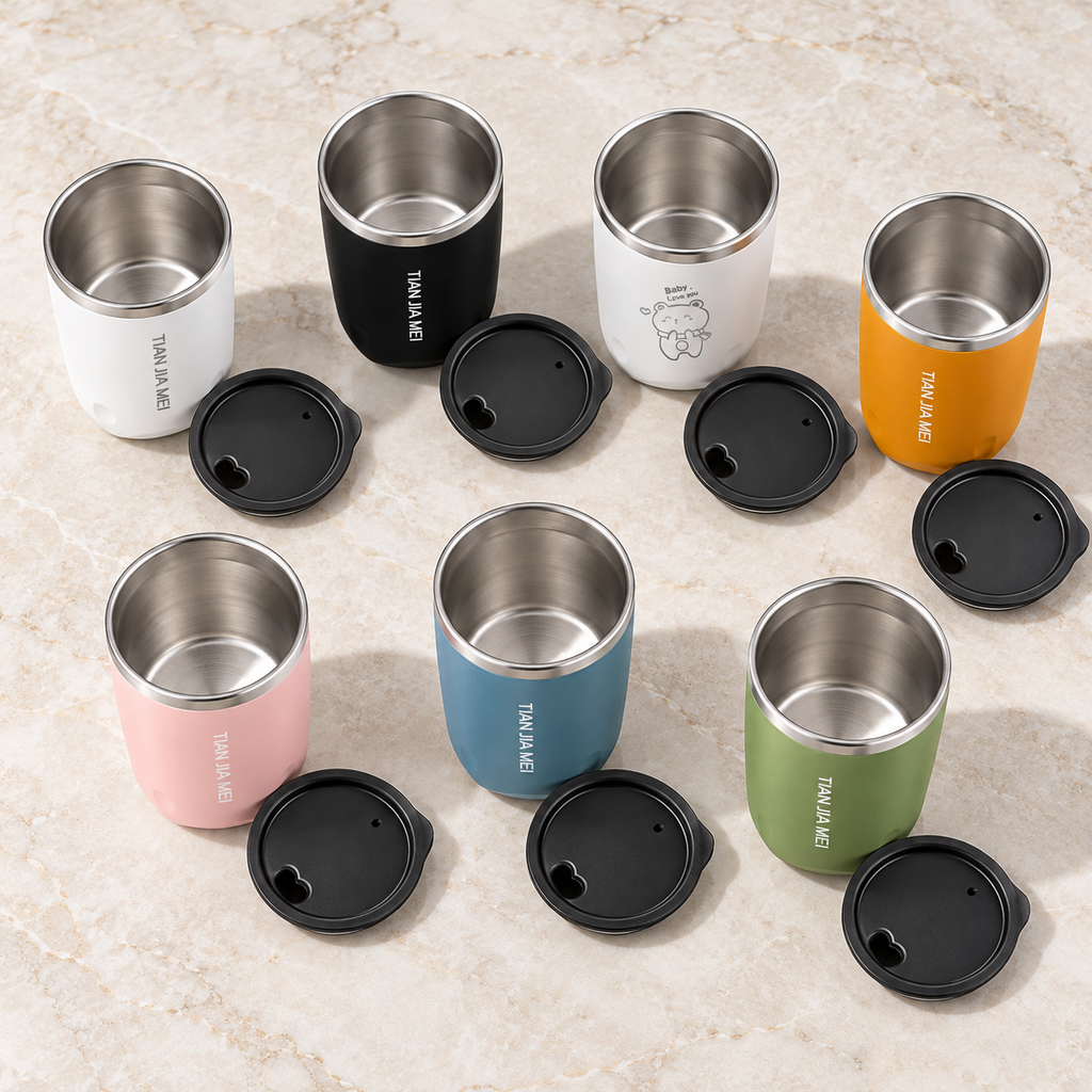 Open tumblers showing stainless liners and separate sip lids
