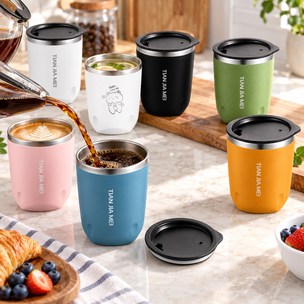Coffee poured into the blue tumbler with the other available designs nearby