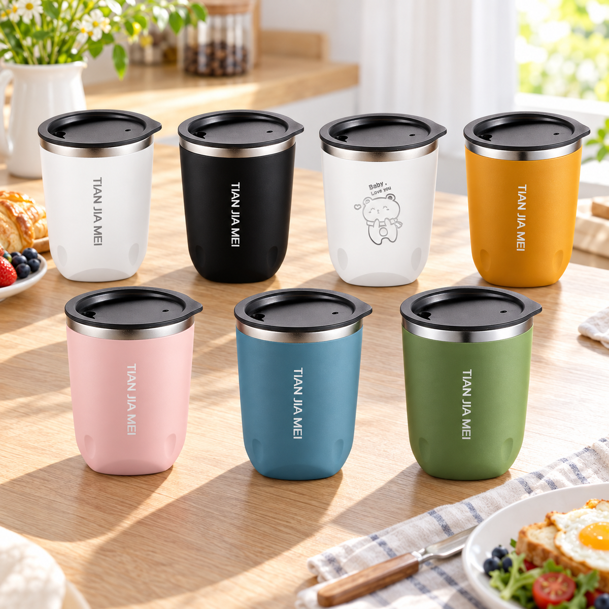 Seven available tumbler colors and designs in a breakfast table setting