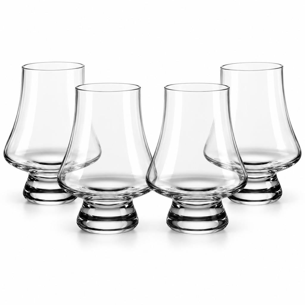 Set of four smooth clear 250 ml whiskey tasting glasses on white