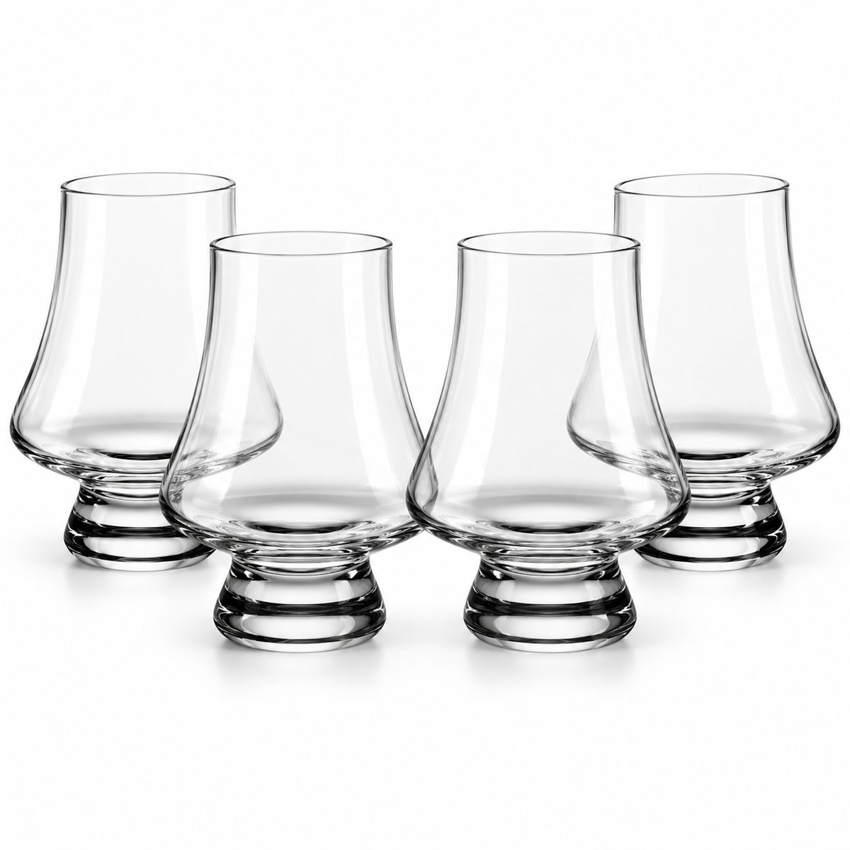 Set of four smooth clear 250 ml whiskey tasting glasses on white