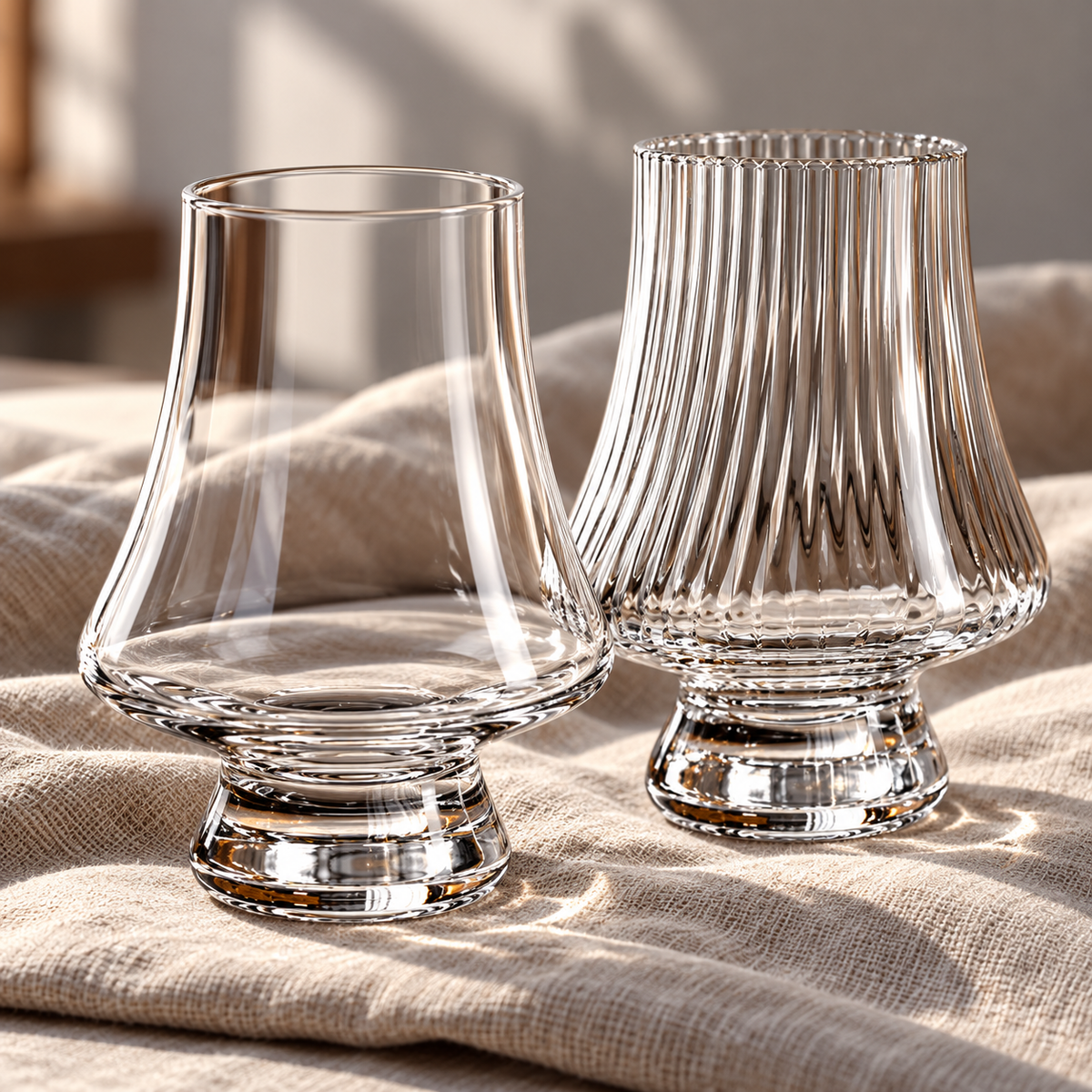 Close detail of flared bowls and stepped bases of clear and striped tasting glasses