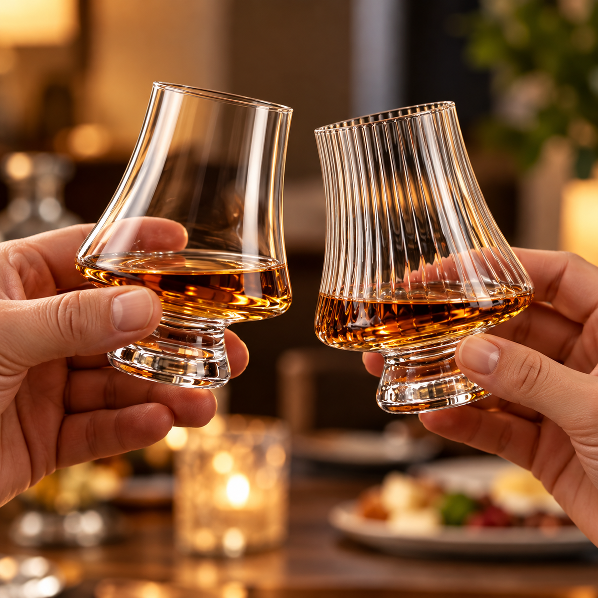 Clear and striped tasting glasses held for scale