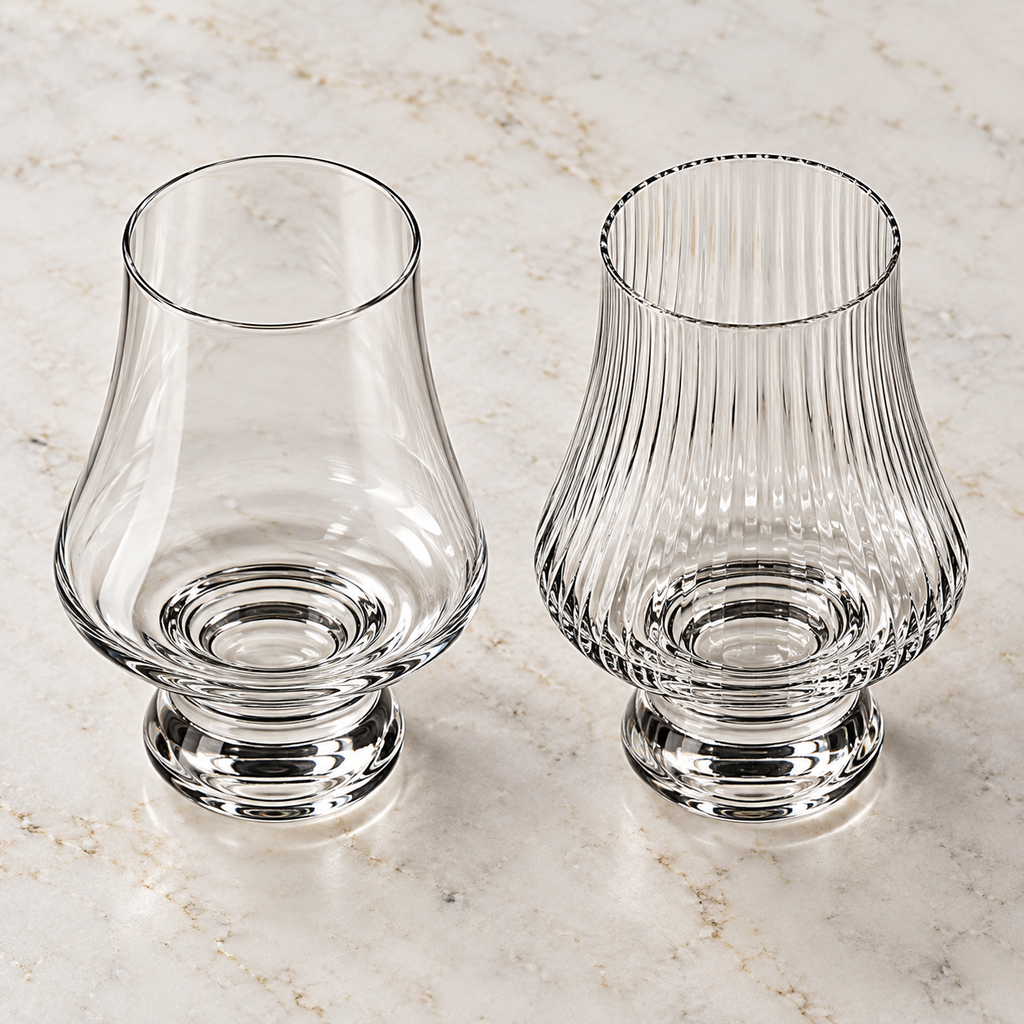 High view showing the rims and interior of clear and striped tasting glasses