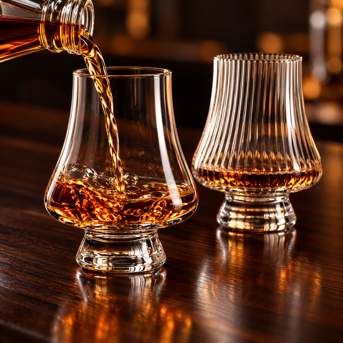 Small whiskey pour into a clear tasting glass beside a striped glass