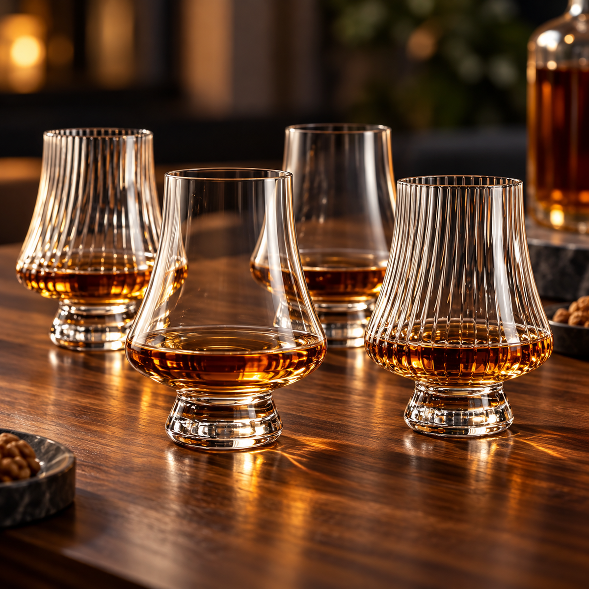 Clear and striped whiskey tasting glasses on a home tasting table
