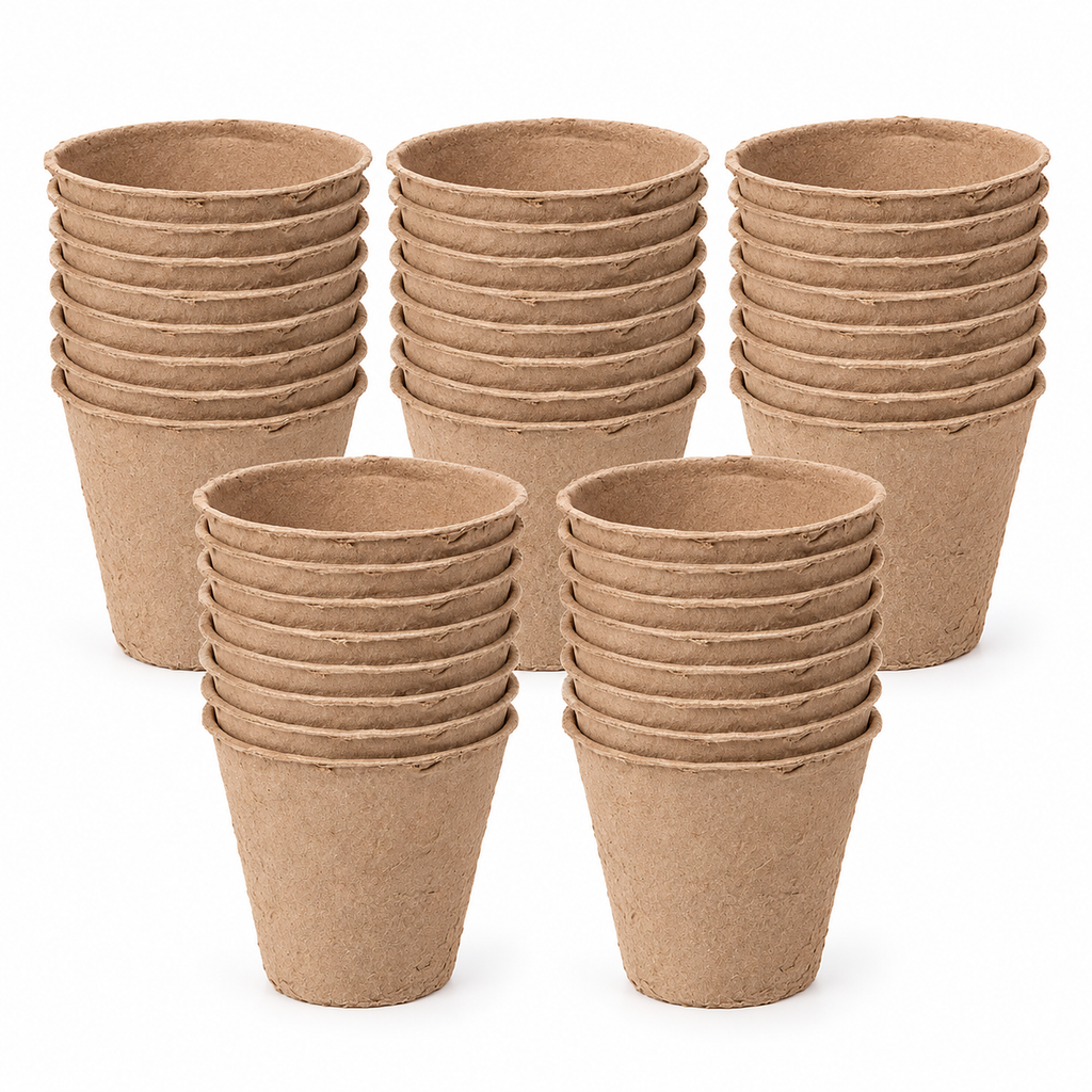 Stacks of brown fiber seedling cups from the 50-piece pack on white.