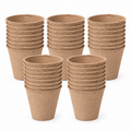 Stacks of brown fiber seedling cups from the 50-piece pack on white.