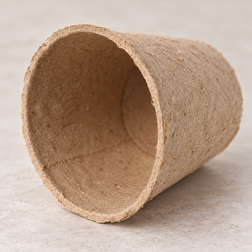 Close detail of a representative brown fiber seedling cup, showing rim, texture and interior. Sold as a 50-piece pack.