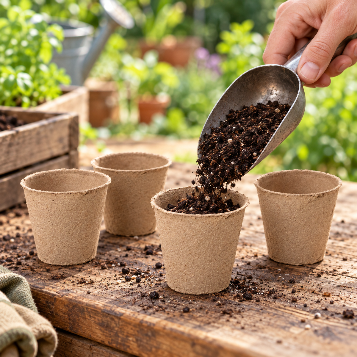 A representative brown fiber cup being filled with potting soil. Sold as a 50-piece pack; soil, scoop and styling props are not included.