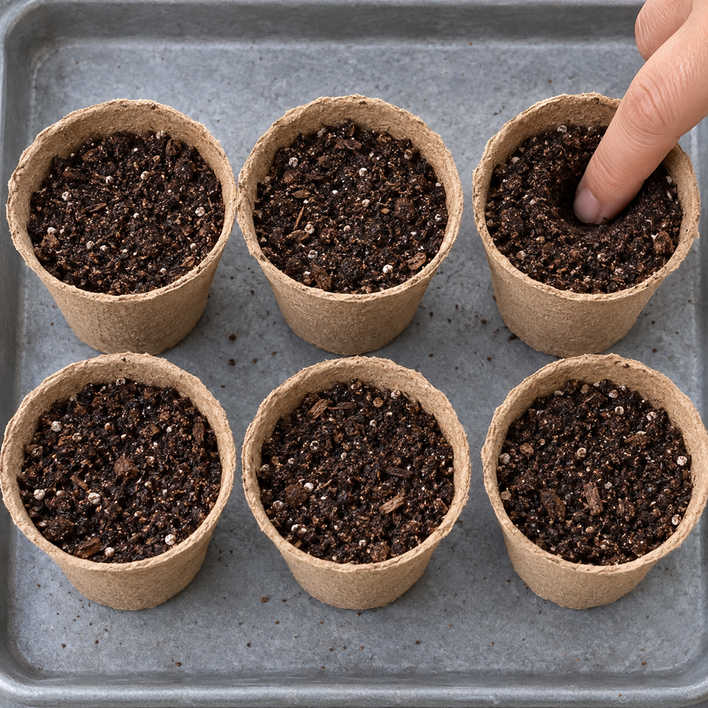Planting preparation in representative brown fiber seedling cups. Sold as a 50-piece pack; soil and tray are not included.