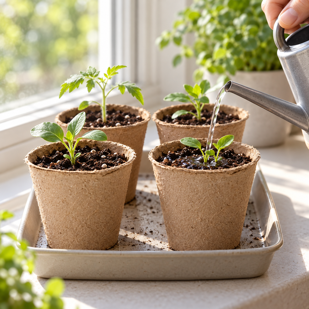 Representative brown fiber seedling cups being watered on a windowsill. Sold as a 50-piece pack; plants, soil, tray and watering can are not included.