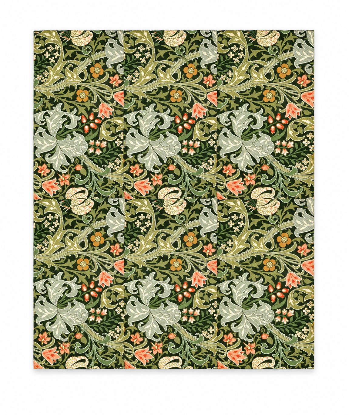Unfolded dark-green botanical paper napkin on a white background.
