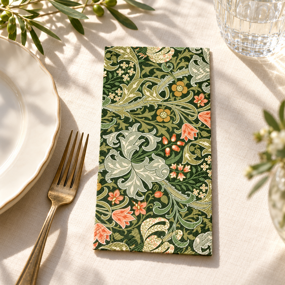 Dark-green botanical paper napkin in a cream-linen place setting; tableware and styling props not included.