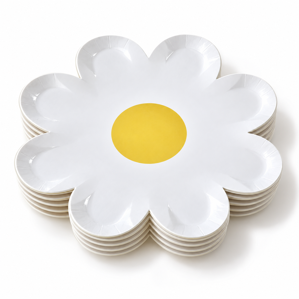 Partial stack of white flower paper plates showing their shallow shape and thin layered rims.