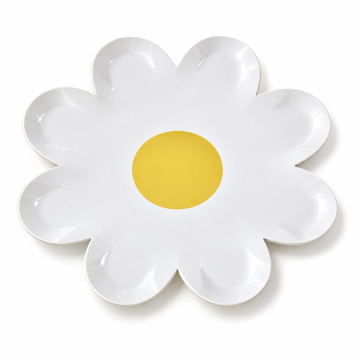 White eight-petal flower-shaped paper party plate, single-color variant.