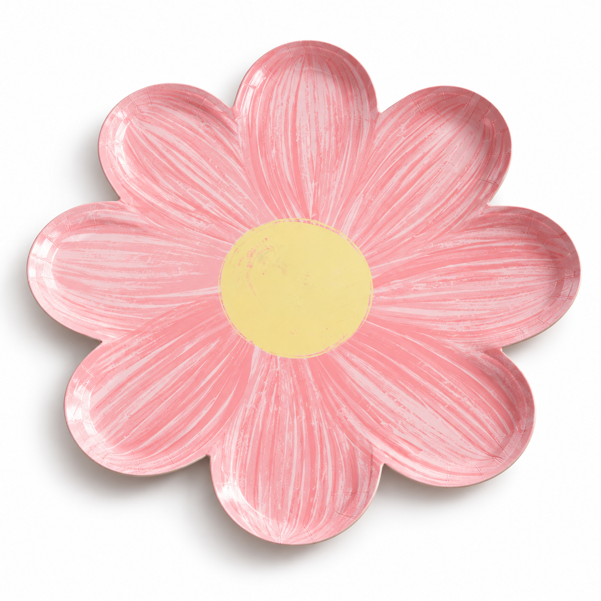 Light pink eight-petal flower-shaped paper party plate, single-color variant.