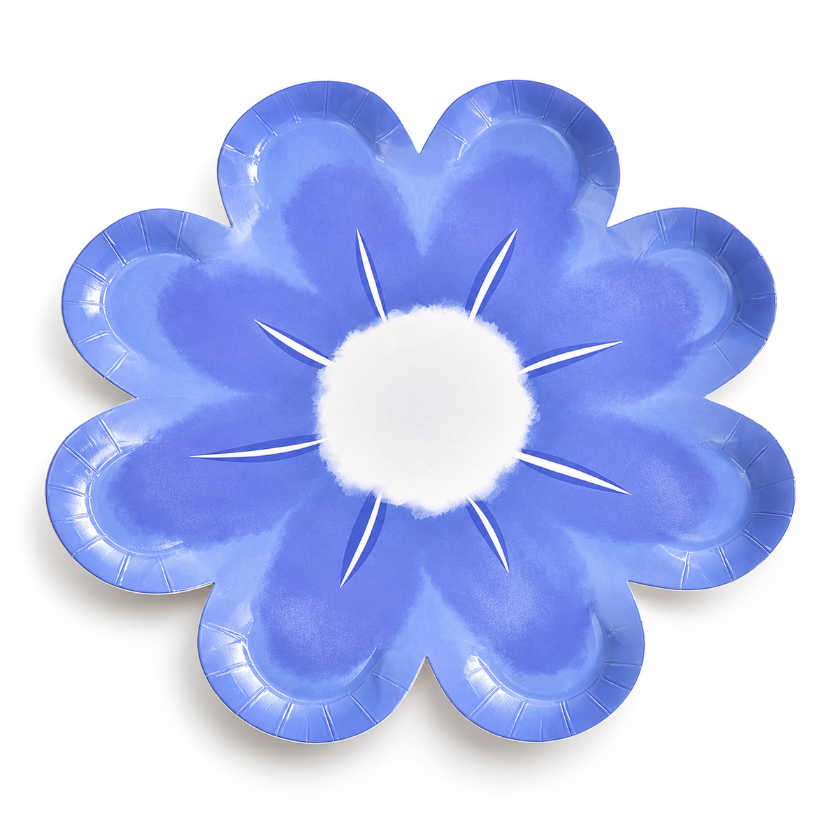 Dark blue eight-petal flower-shaped paper party plate, single-color variant.