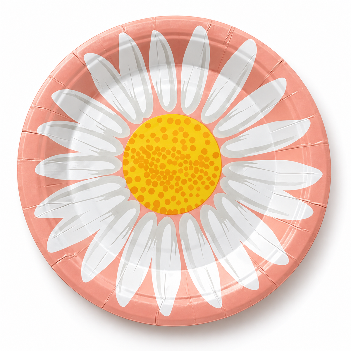 Round peach paper plate with printed white daisy and yellow center, Daisy plate variant.