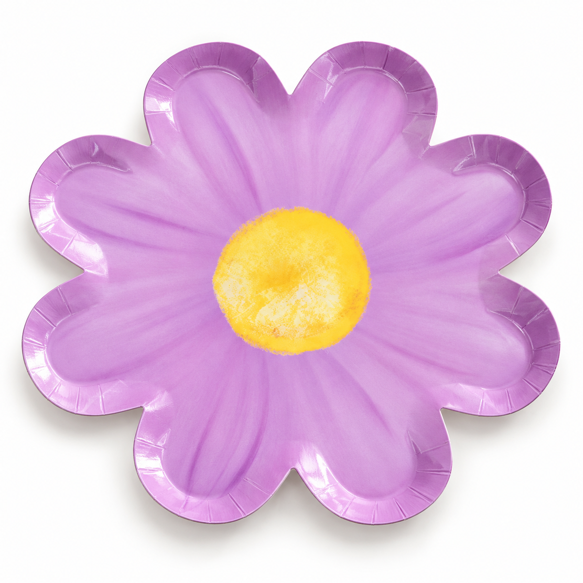 Purple eight-petal flower-shaped paper party plate, single-color variant.