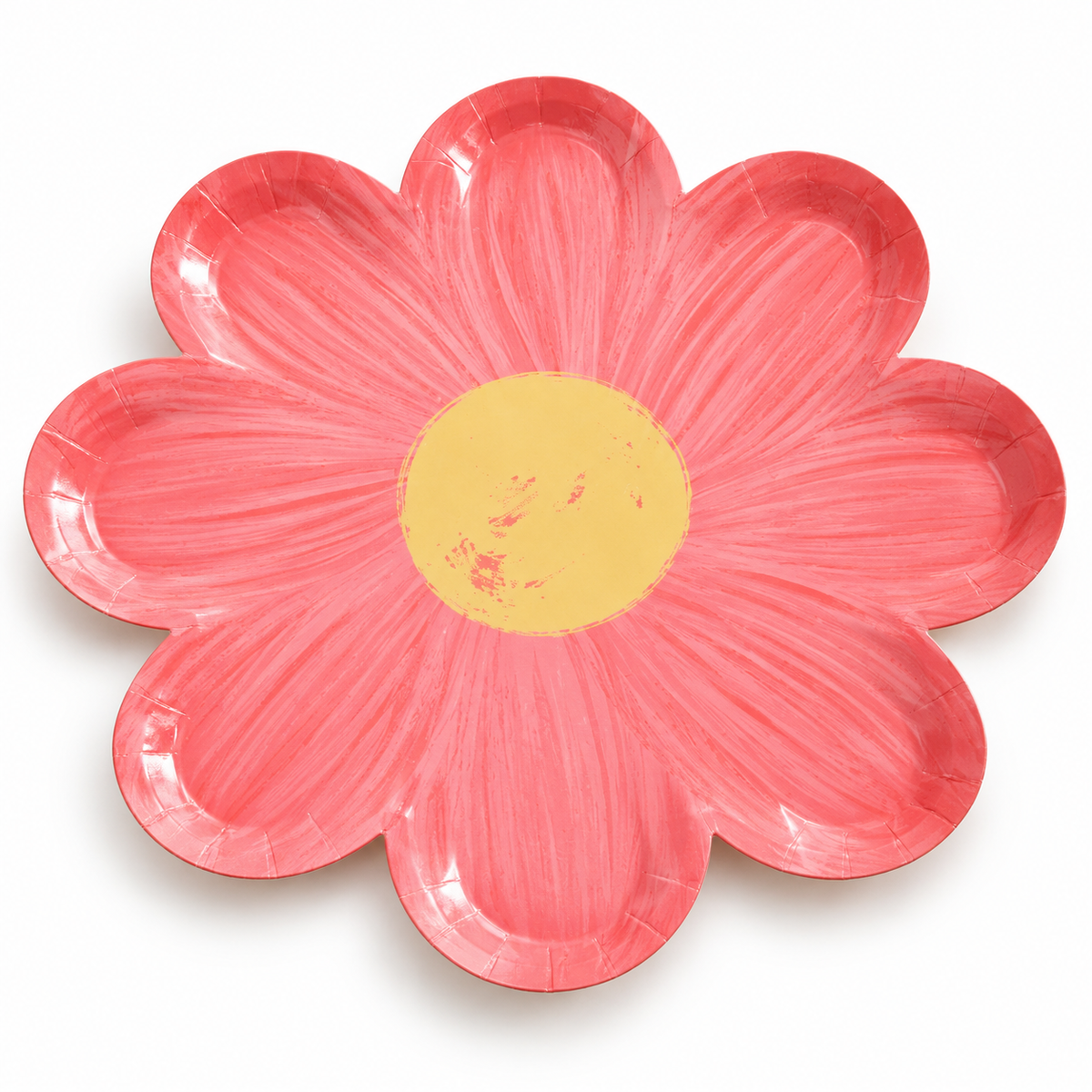 Pomelo red eight-petal flower-shaped paper party plate, single-color variant.